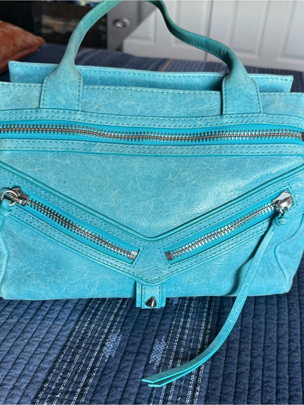 Botkier Trigger Satchel Turquoise Leather Dual-Zip Tote - Picture 2 of 7